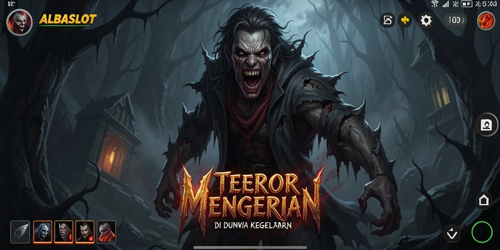 Screenshot utama ALBASLOT menampilkan suasana menyeramkan dalam gameplay.