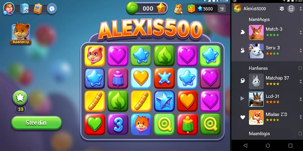 Tampilan seru gameplay ALEXIS500 saat mencocokkan elemen Match-3.