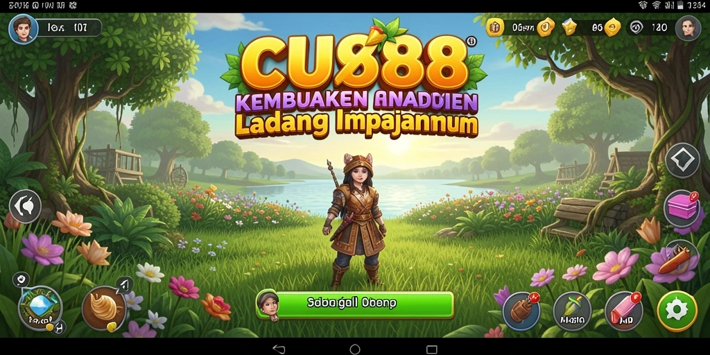 Tangkapan layar gameplay CU888 menunjukkan ladang yang indah dan beragam tanaman.