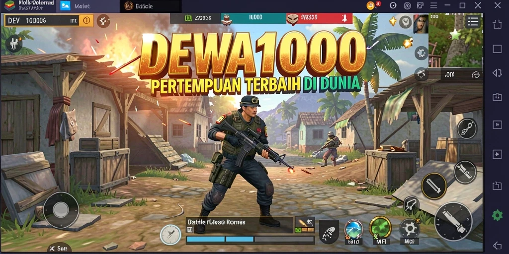 Tangkapan layar utama DEWA1000 menunjukkan aksi intens dalam pertarungan Battle Royale.