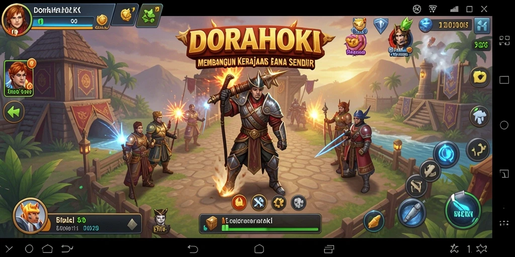 Screenshot DORAHOKI menampilkan gameplay membangun kerajaan bisnis.
