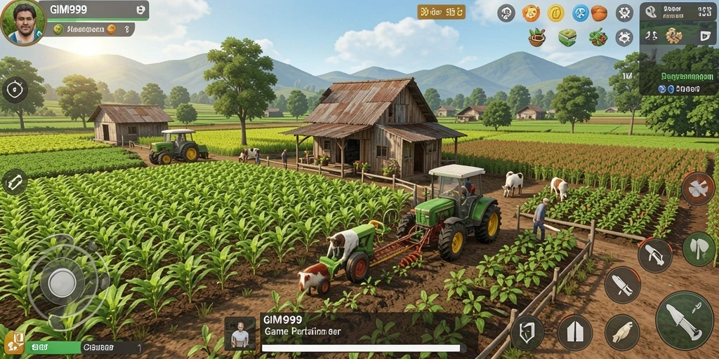 Screenshot gameplay GIM999 menampilkan aktivitas bertani yang seru.