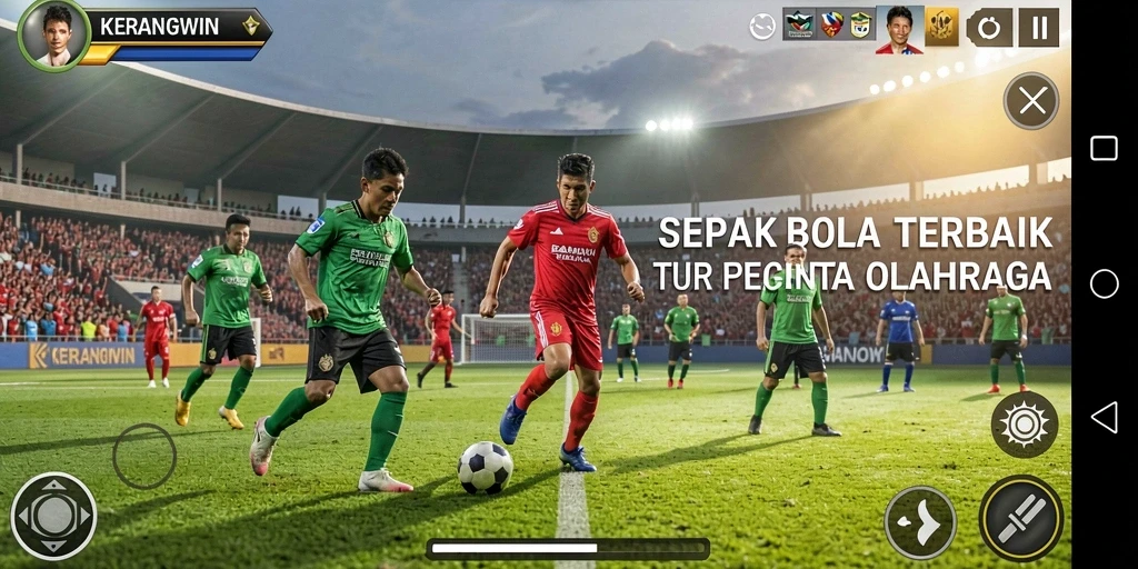 Tampilan gameplay KERANGWIN yang memukau dengan aksi sepak bola nyata.