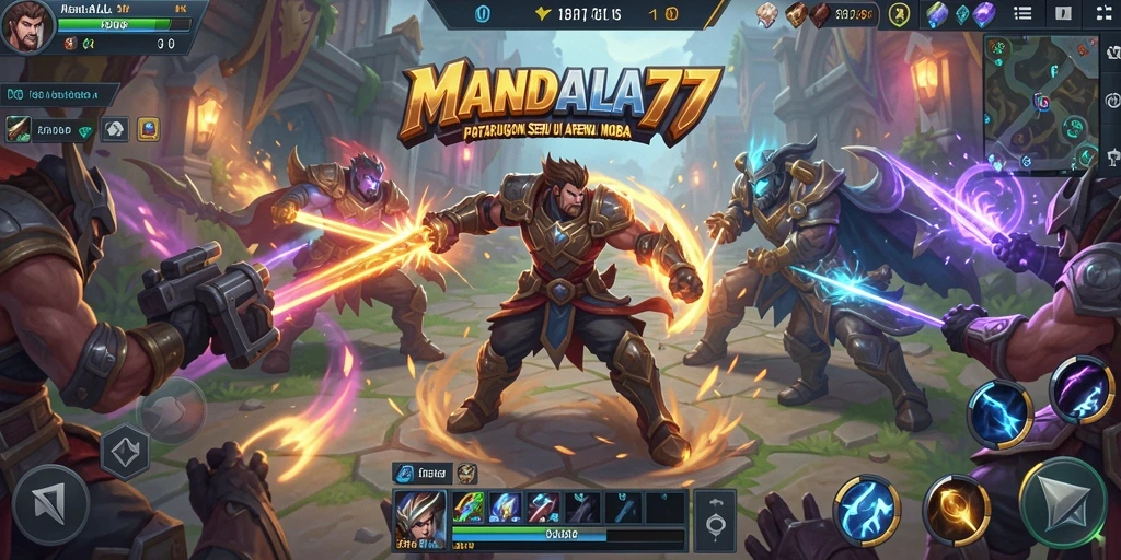 Screenshot gameplay MANDALA77 dengan pertarungan seru di arena.
