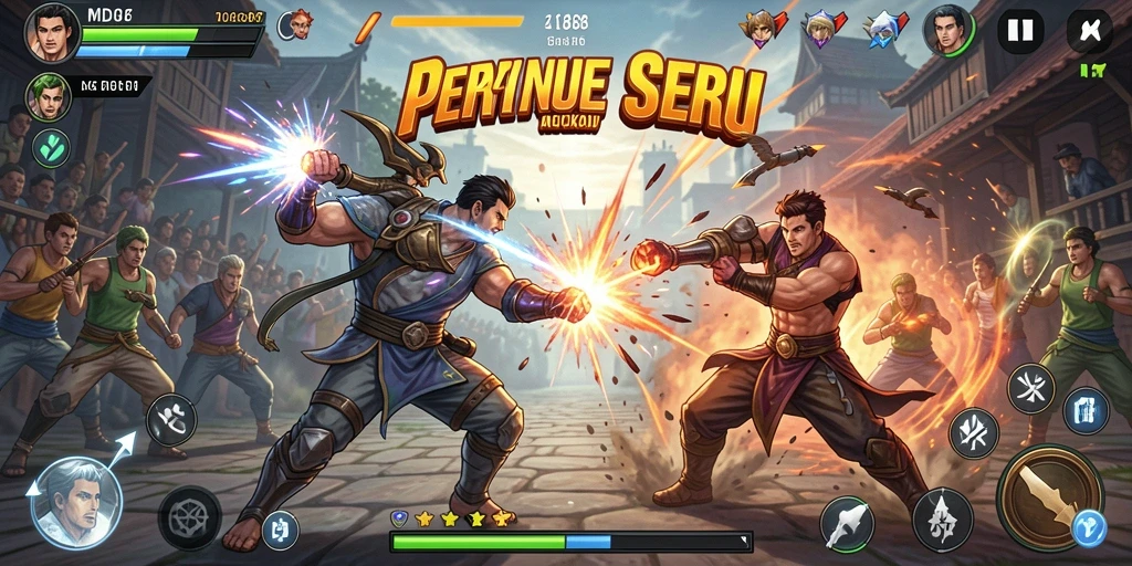 Menampilkan gameplay pertarungan seru dan karakter aksi.