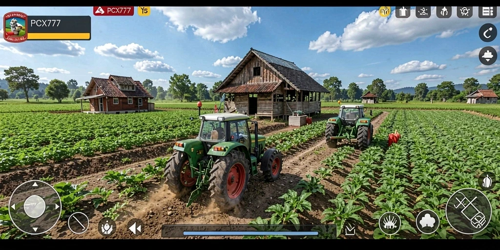 Tampilan gameplay PCX777 menampilkan kesibukan bertani dan berkumpul dengan petani lainnya.