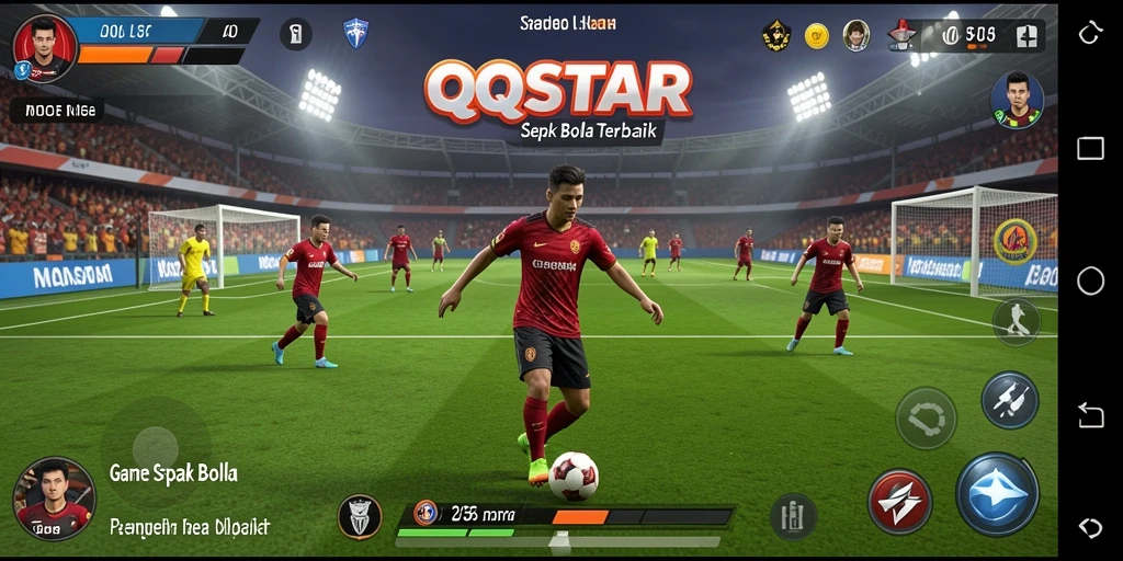 Screenshot gameplay QQSTAR menampilkan aksi lapangan sepak bola yang seru.