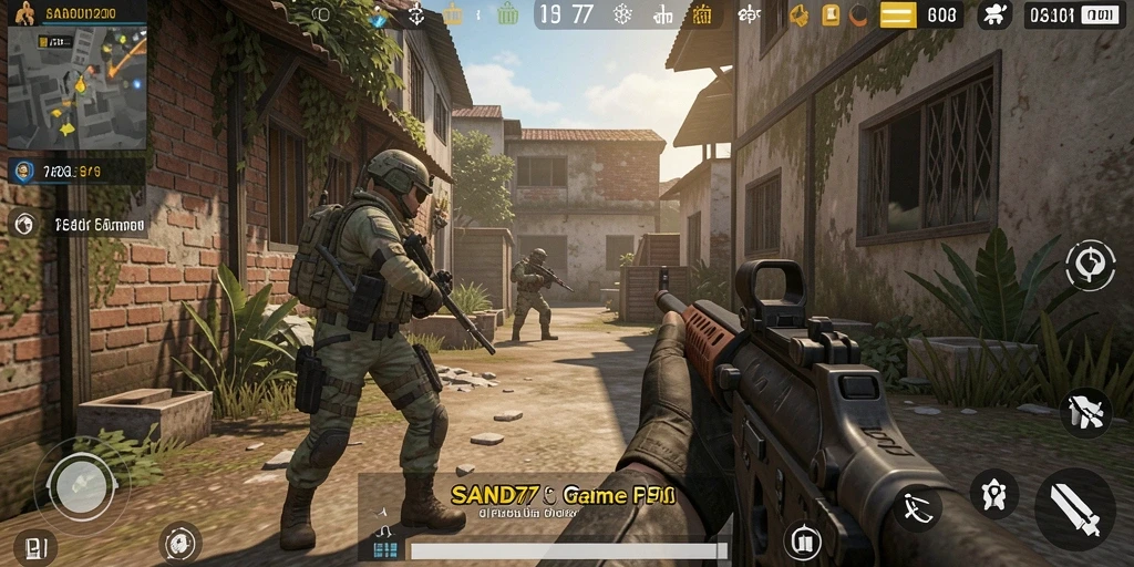 Tampilan gameplay intens SAND77 dengan aksi tembak-menembak yang seru.