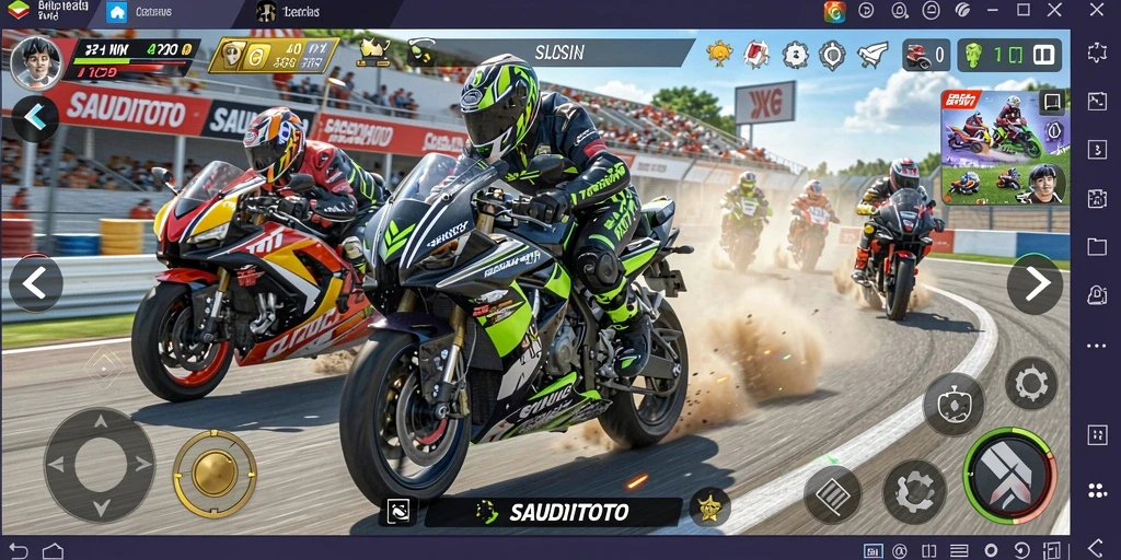 Tampilan gameplay mendebarkan dari SAUDITOTO saat balapan motor.