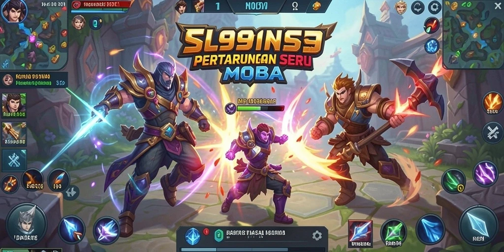 Tampilan dinamis permainan SL999 dengan pertarungan seru MOBA.