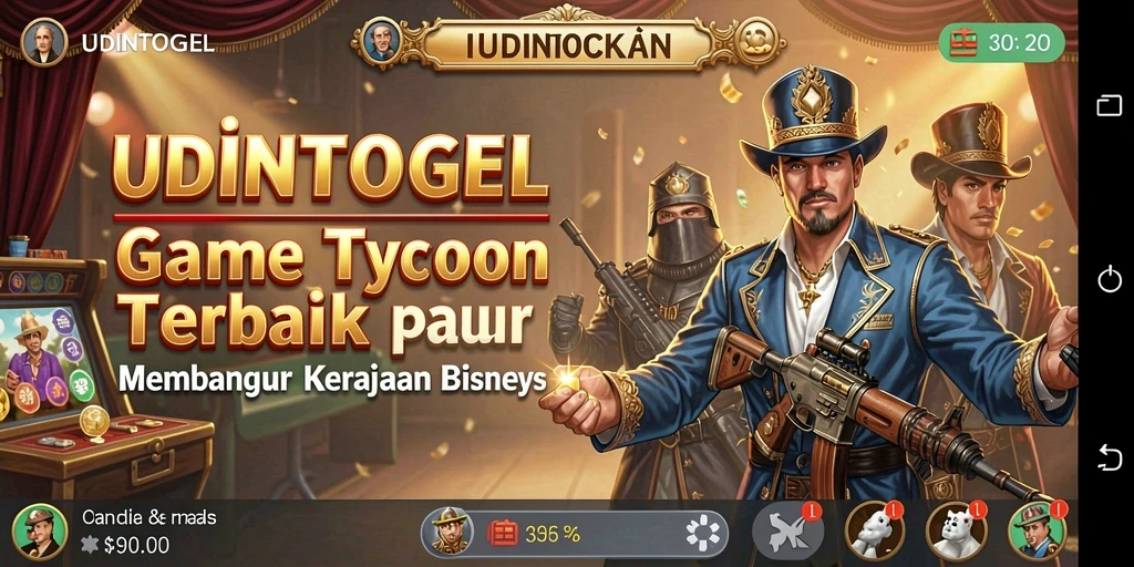 Screenshot gameplay UDINTOGEL menampilkan aksi membangun kerajaan bisnis.