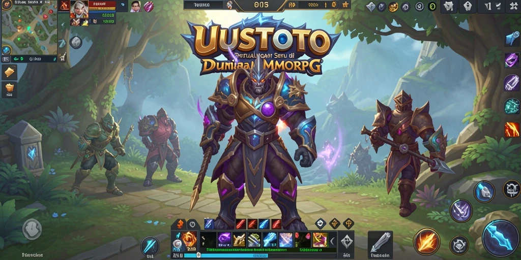 Screenshot gameplay UUSTOTO menampilkan pertarungan karakter di dunia fantasi.